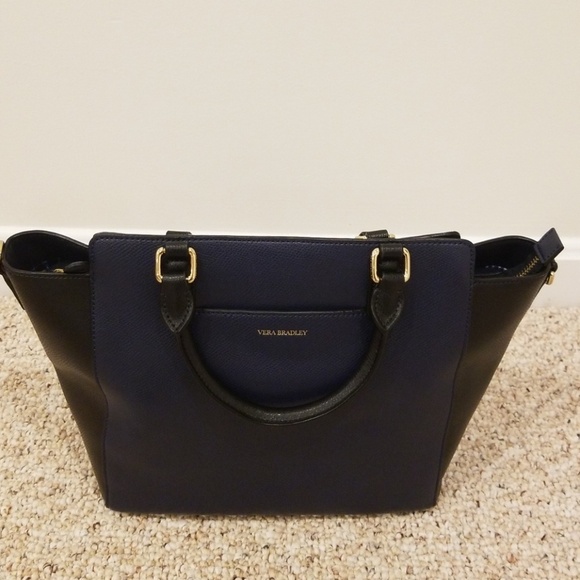 VERA BRADLEY Navy with Black Leather Morgan Satchel - Picture 1 of 7